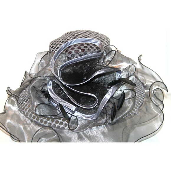Womens Kentucky Derby Church Dress Hat Wide Brim Black Silver Tea Party Wedding